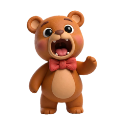 A clay teddy bear with his mouth open waiting for food