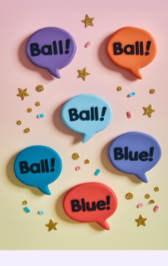 Colorful clay speech bubbles with the words Ball and Blue — designed in the app’s style