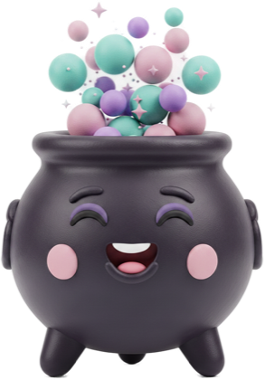 A smiling clay cauldron with colorful magic bubbles