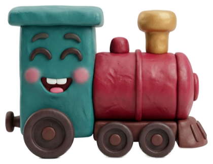 A smiling clay locomotive — the animal train from the app