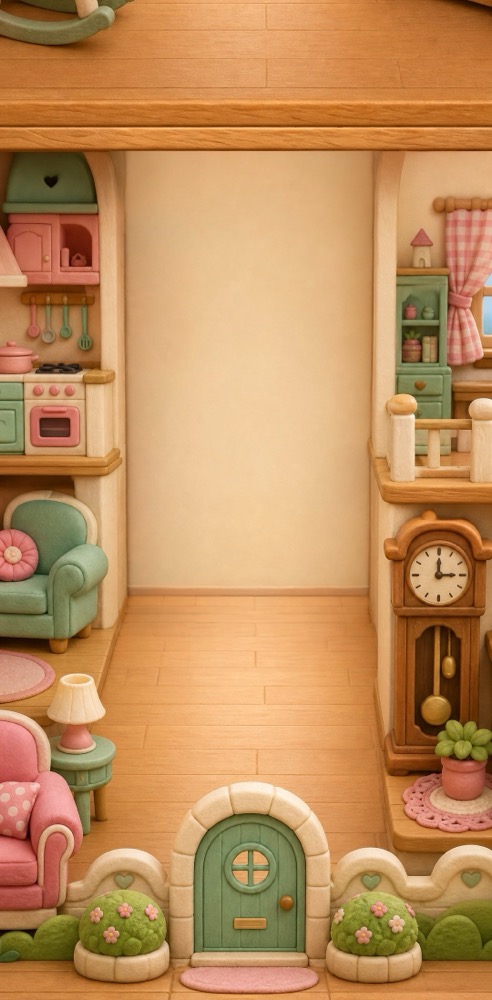The Dolls World — clay dollhouse rooms with a green door, a grandfather clock and armchairs